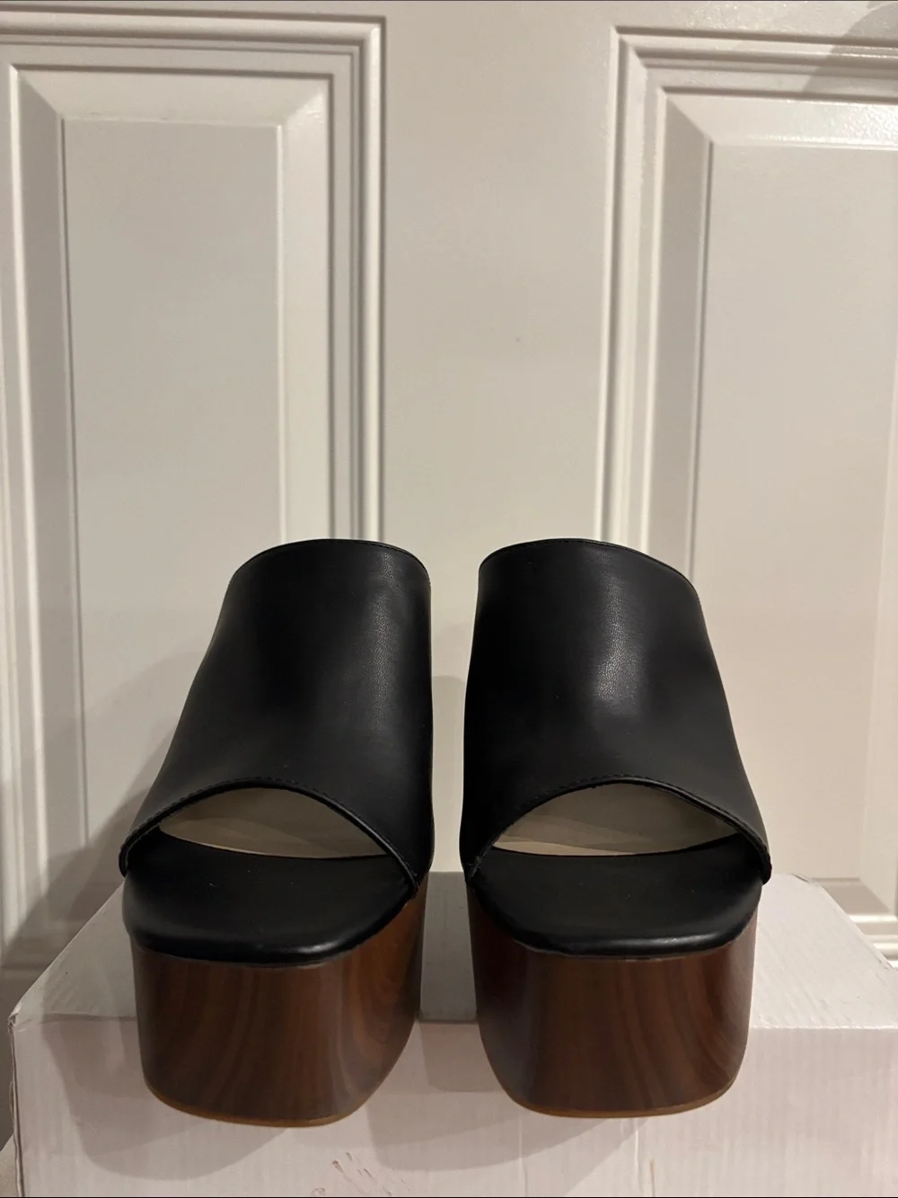 Jessica Simpson Black Platform Slide with Wood-Effect Heel